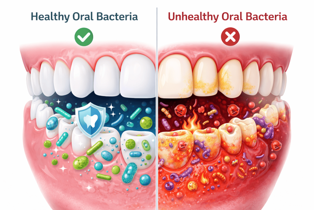 Oral microbiome imbalance showing good and bad bacteria in the mouth (1)